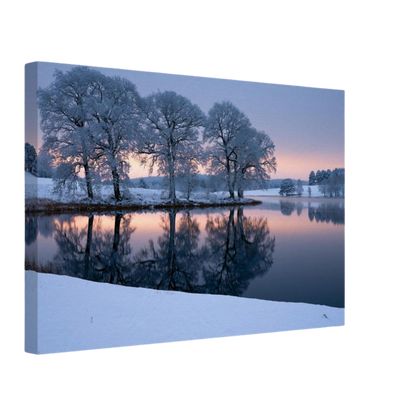 Frozen lake at first light, canvas seen from an angle with the image continuing around the wrapped edge