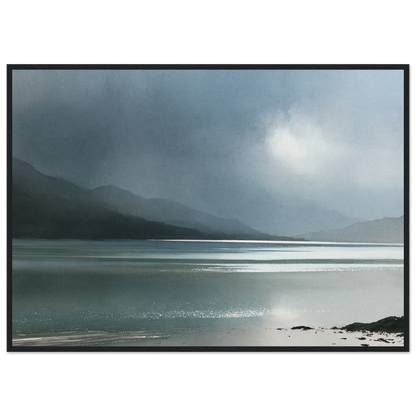 Glen dissolving in rain over a Highland loch, print in a black frame