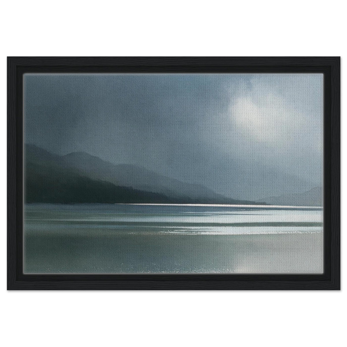 Glen dissolving in rain, canvas in a black frame