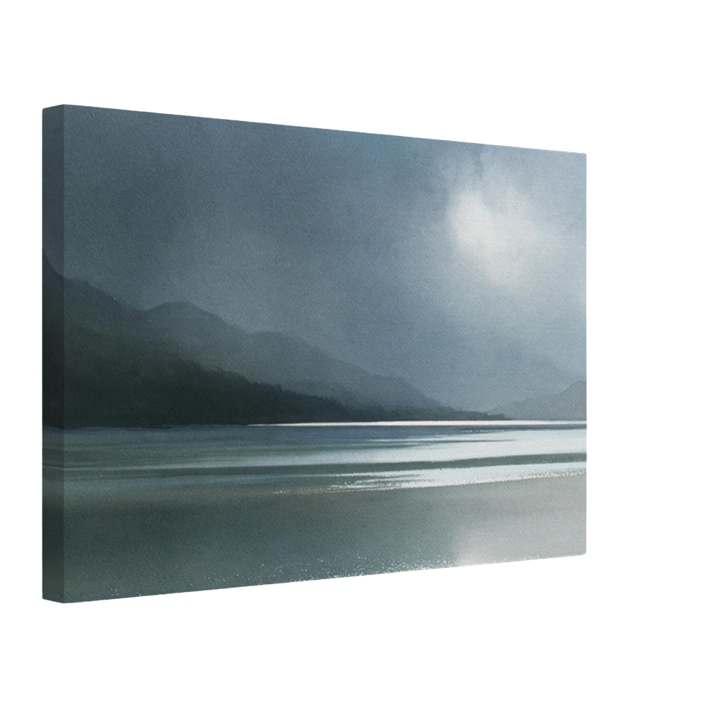 Glen dissolving in rain, canvas seen from an angle with the image continuing around the wrapped edge