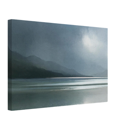 Glen dissolving in rain, canvas seen from an angle with the image continuing around the wrapped edge