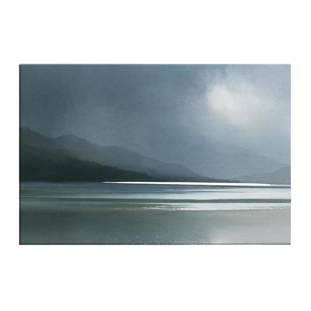 A Highland glen dissolving into rain, the far hills lost in weather and a band of silver light across the loch, printed on stretched canvas