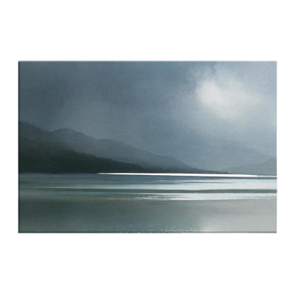 A Highland glen dissolving into rain, the far hills lost in weather and a band of silver light across the loch, printed on stretched canvas