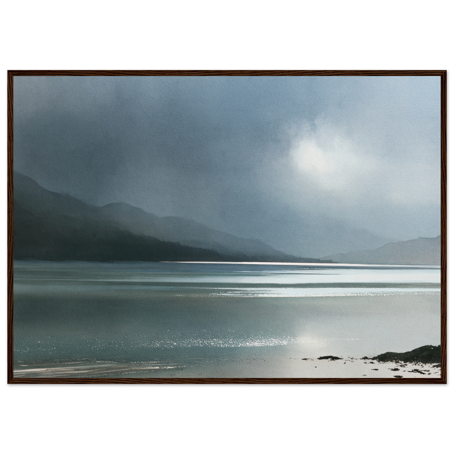Glen dissolving in rain over a Highland loch, print in a dark wood frame