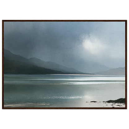 Glen dissolving in rain over a Highland loch, print in a dark wood frame