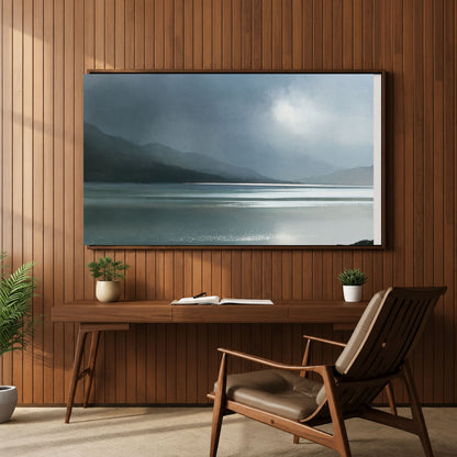 Glen dissolving in rain over a Highland loch, in a dark frame above a walnut desk in a wood-panelled home office