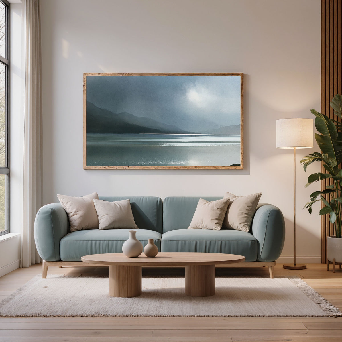 Glen dissolving in rain over a Highland loch, in a pale wood frame above a sage green sofa in a bright living room