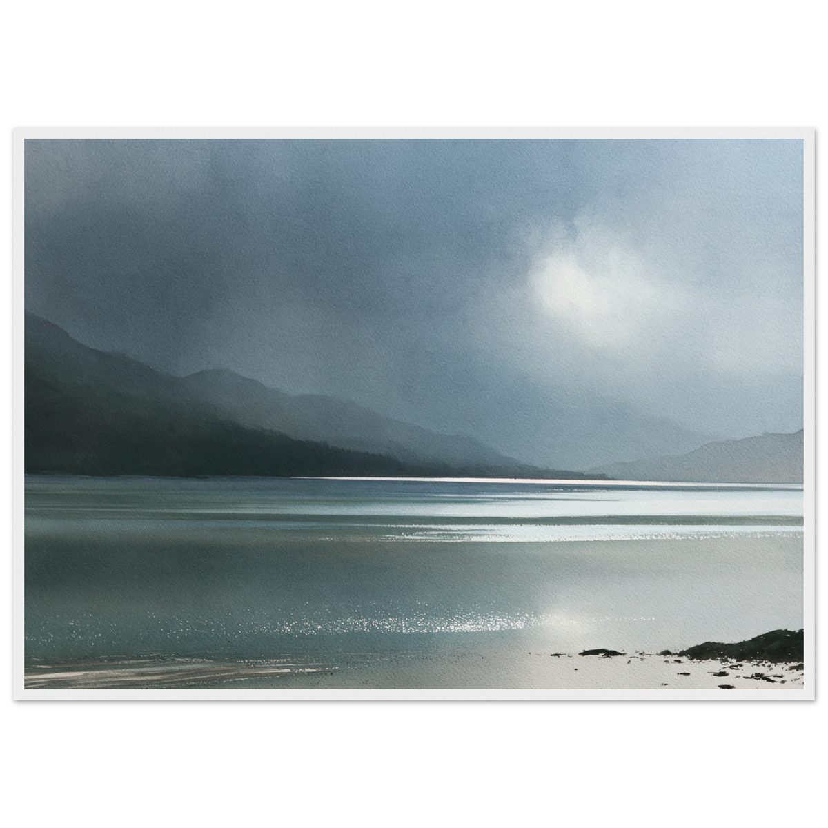 Glen dissolving in rain over a Highland loch, print in a white frame