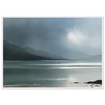 Glen dissolving in rain over a Highland loch, print in a white frame