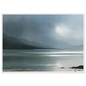 Glen dissolving in rain over a Highland loch, print in a white frame