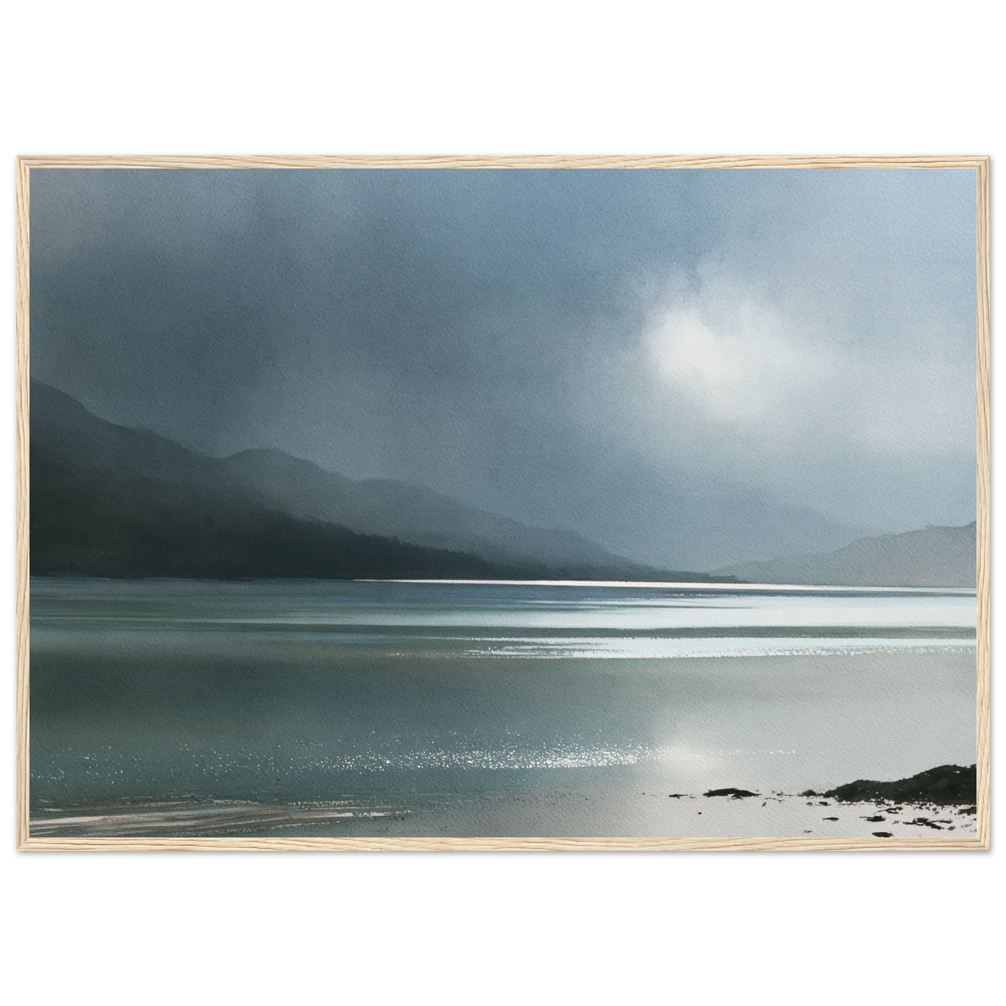 Glen dissolving in rain over a Highland loch, print in a natural wood frame