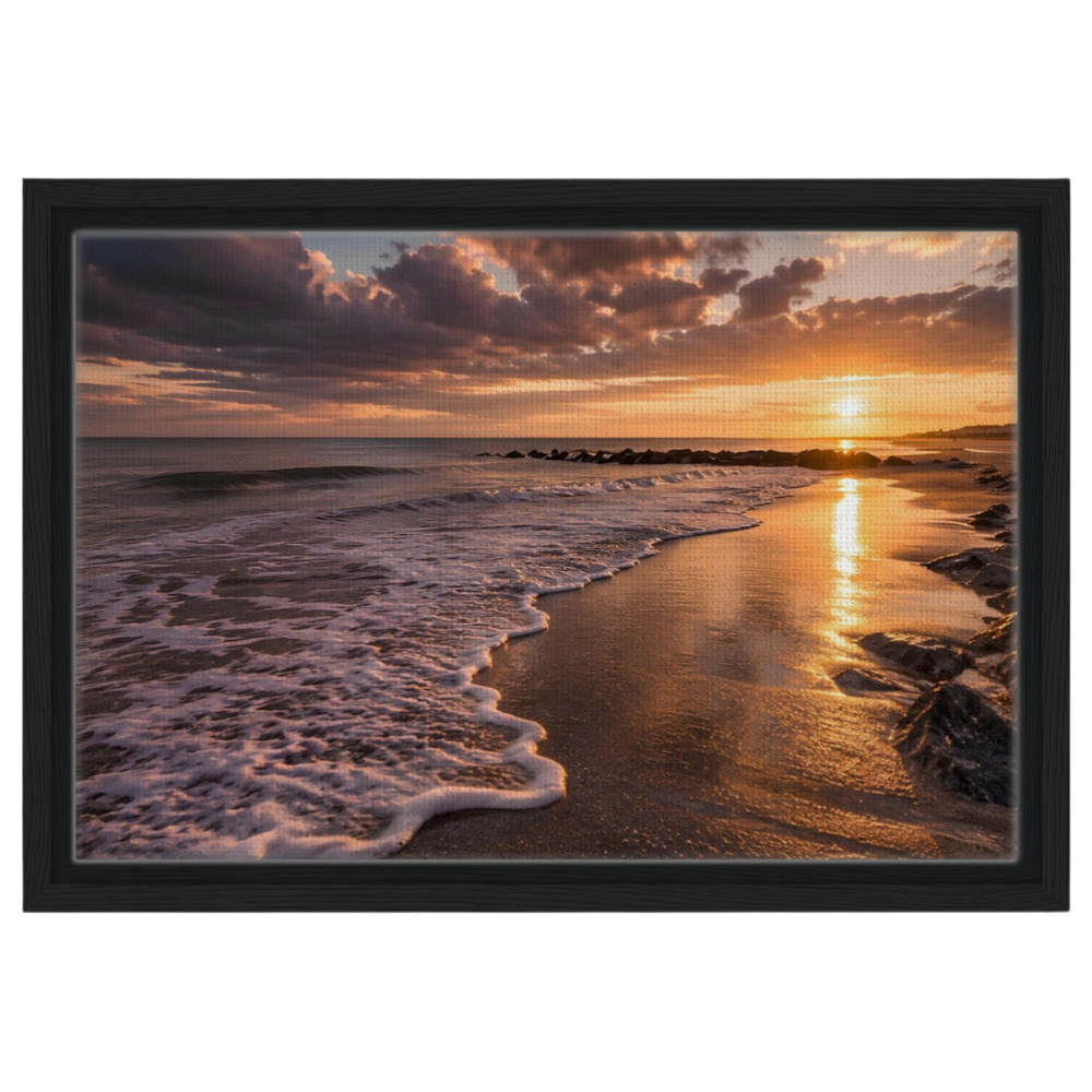 Golden beach sunset, canvas in a black frame