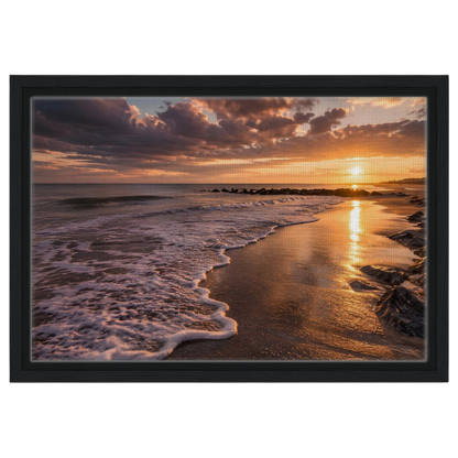 Golden beach sunset, canvas in a black frame