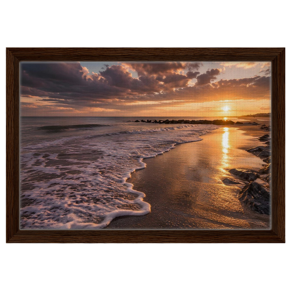 Golden beach sunset, canvas in a dark wood frame