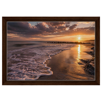 Golden beach sunset, canvas in a dark wood frame