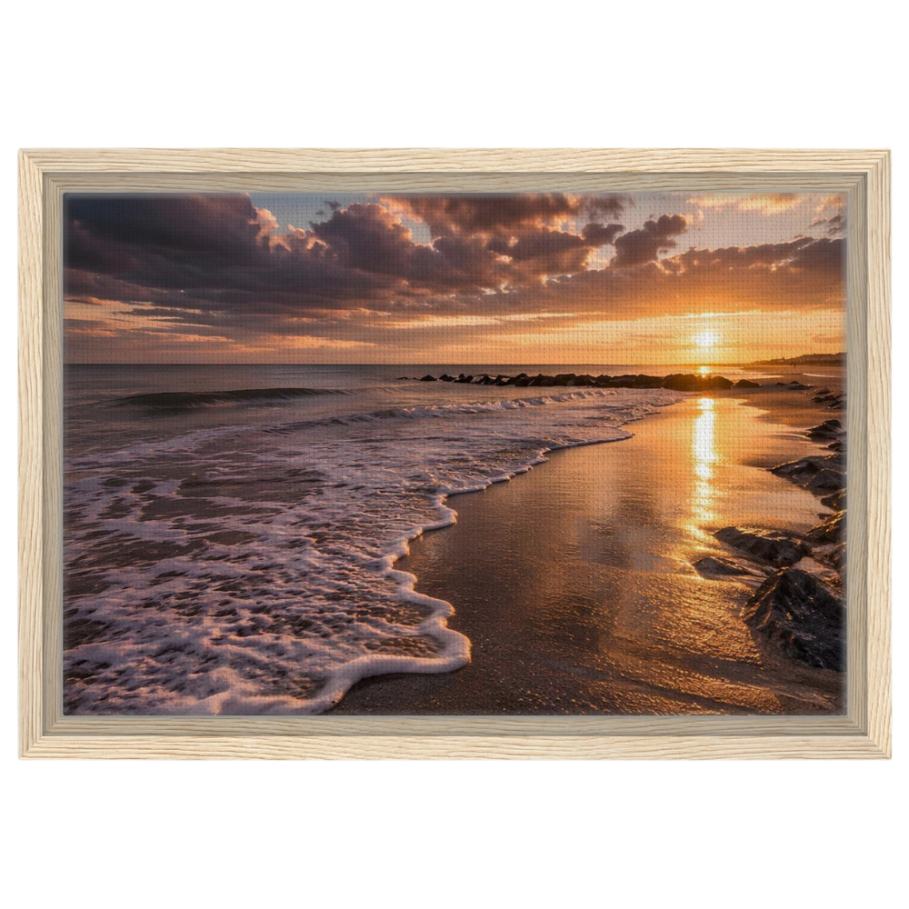Golden beach sunset, canvas in a natural wood frame