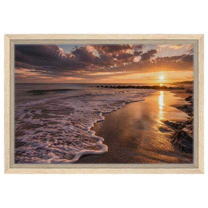 Golden beach sunset, canvas in a natural wood frame