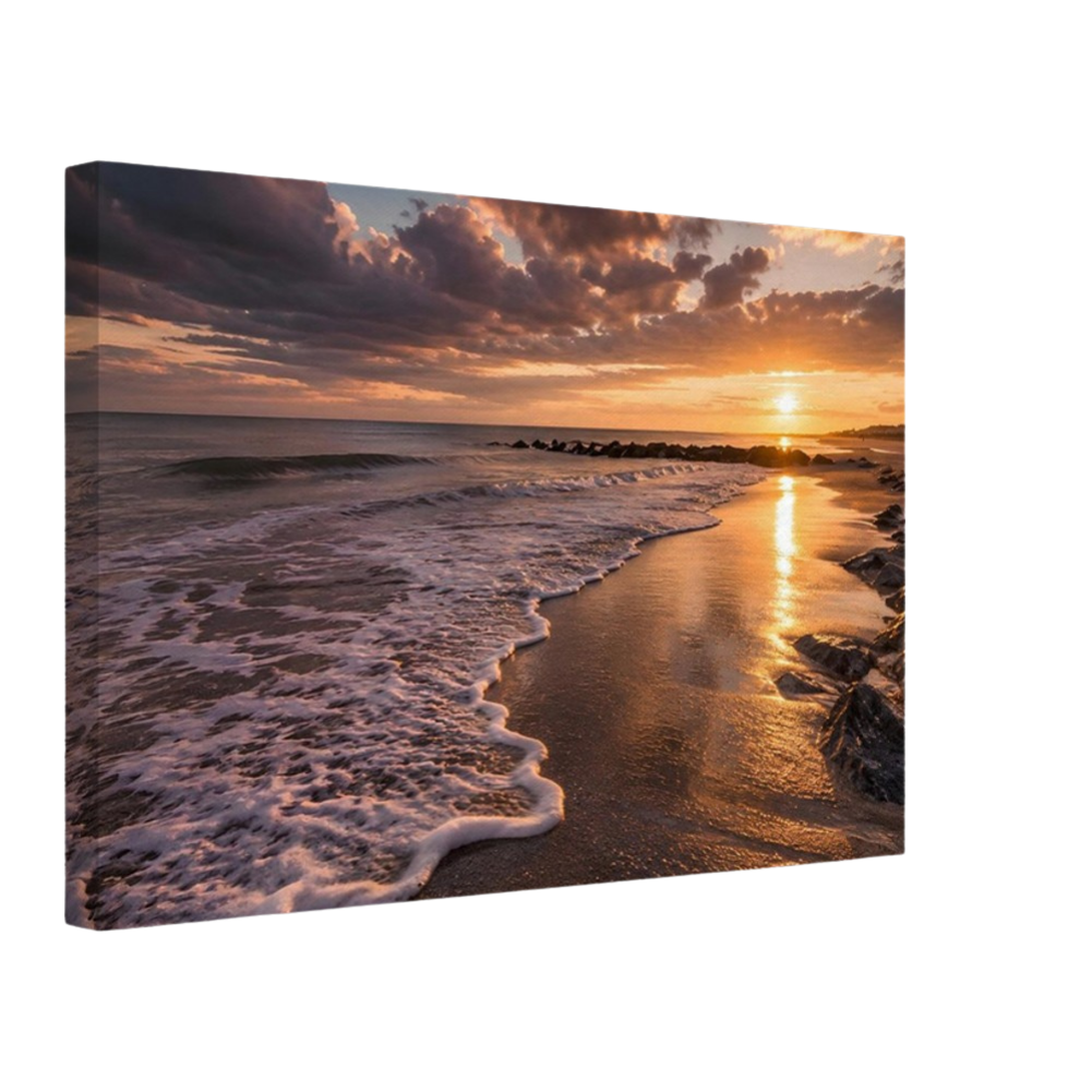 Golden beach sunset, canvas seen from an angle with the image continuing around the wrapped edge