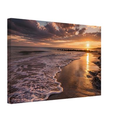 Golden beach sunset, canvas seen from an angle with the image continuing around the wrapped edge