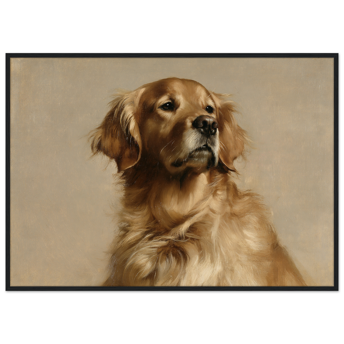 A Golden Retriever oil portrait, print in a black frame