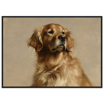 A Golden Retriever oil portrait, print in a black frame