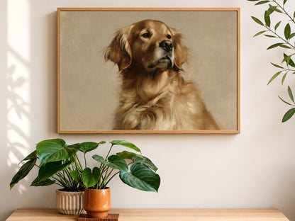 A Golden Retriever oil portrait in a wood frame, hanging above a console table with houseplants