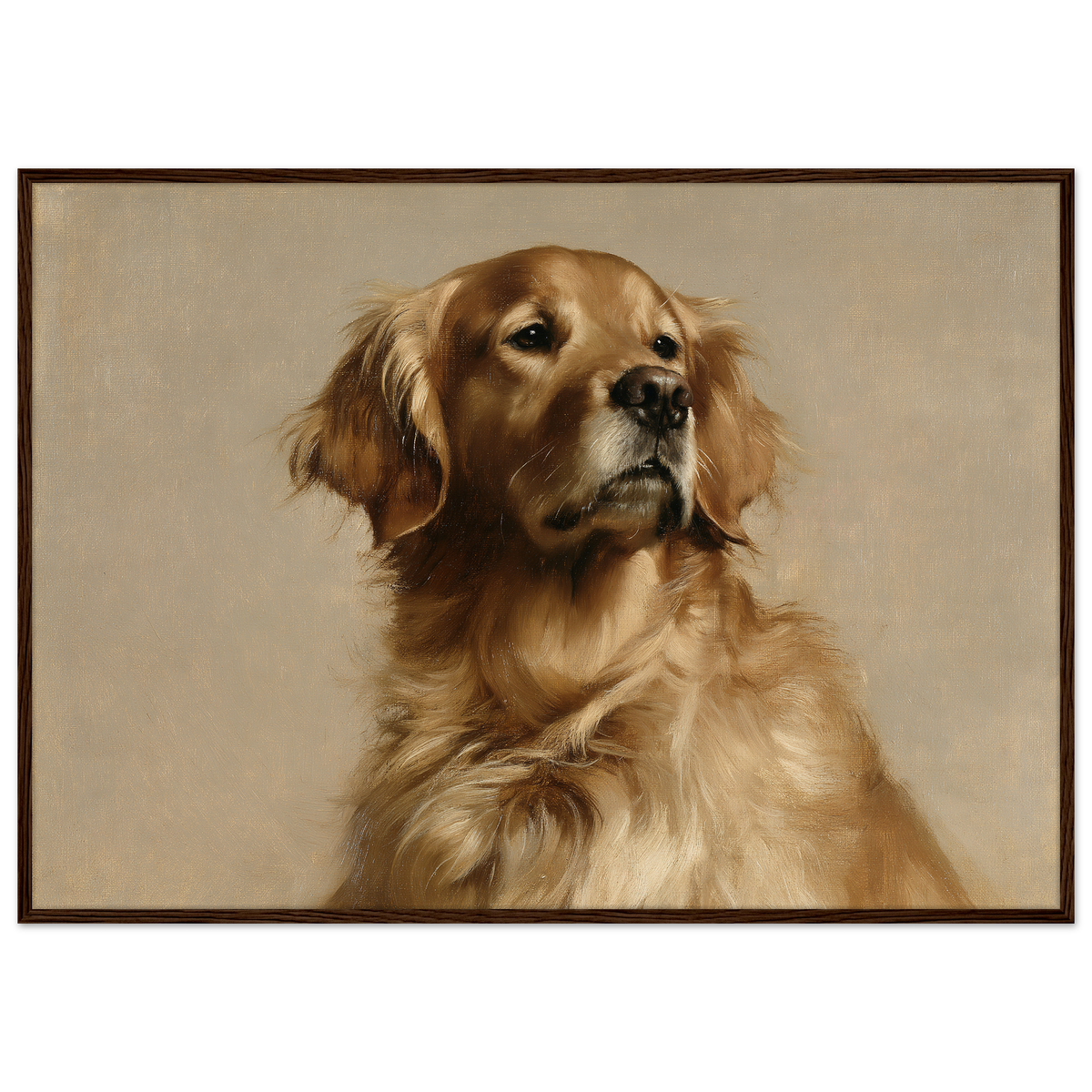 A Golden Retriever oil portrait, print in a dark wood frame