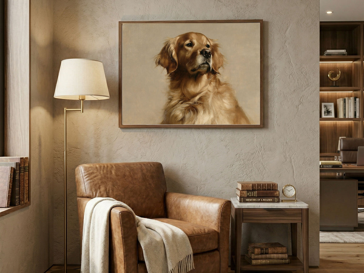 A Golden Retriever oil portrait hanging above a leather armchair in a reading corner