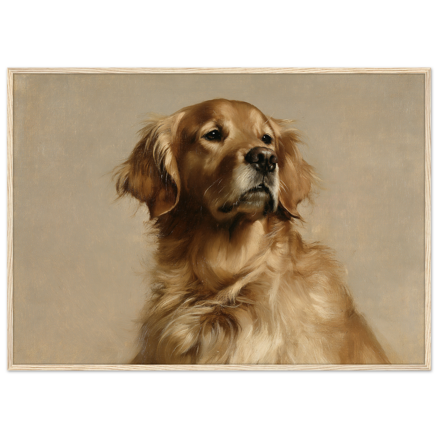 A Golden Retriever oil portrait, print in a natural wood frame