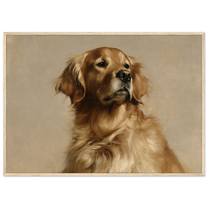 A Golden Retriever oil portrait, print in a natural wood frame