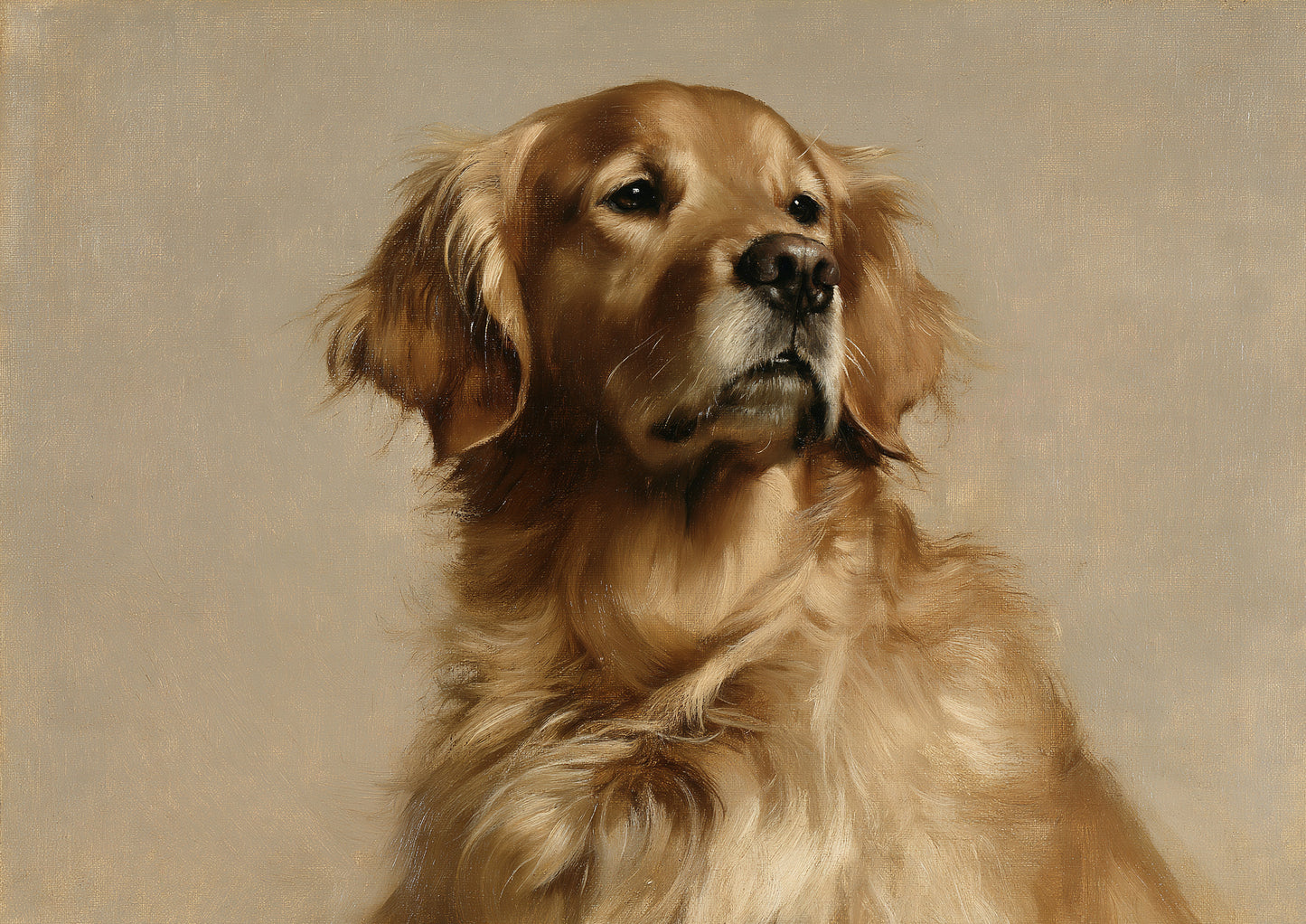 A Golden Retriever with a dense wavy coat, painted in oil against a plain putty ground