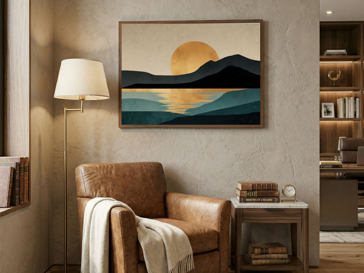 Minimalist gold sun over dark hills and teal water, in a wooden frame above a leather armchair in a warm living room