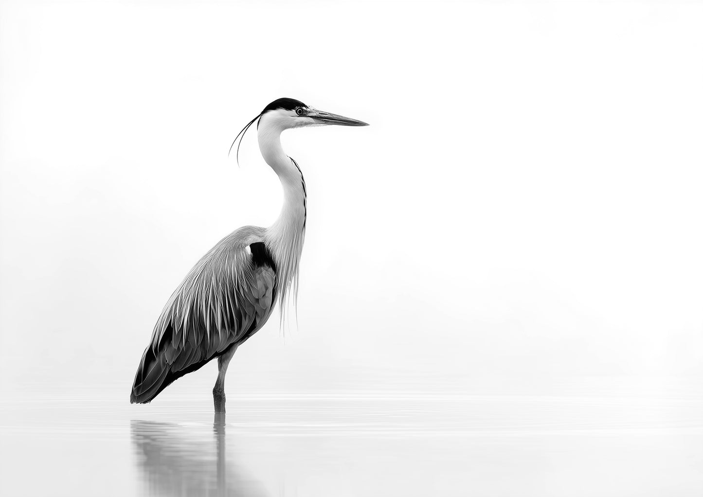 Grey heron standing motionless in profile in shallow still water, crest plumes trailing behind a black crown, in high-contrast black and white with wide empty white space