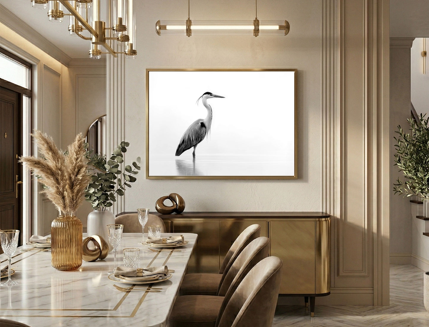 Black and white grey heron in still water, in a gold frame above a marble table in an elegant dining room
