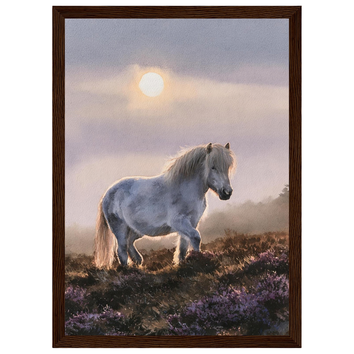 Grey pony on the heather, print in a dark wood frame