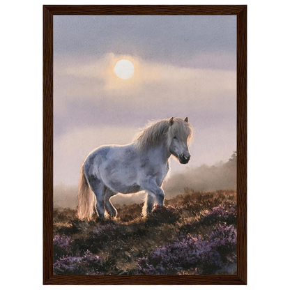 Grey pony on the heather, print in a dark wood frame