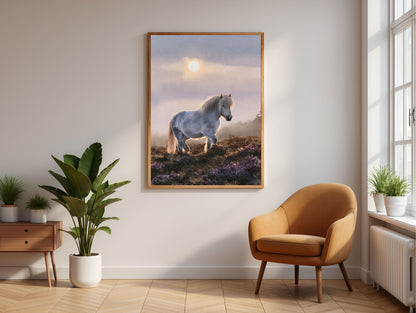 Grey pony on the heather, in a natural wood frame on a cream wall above a tan armchair and potted plants in a reading corner