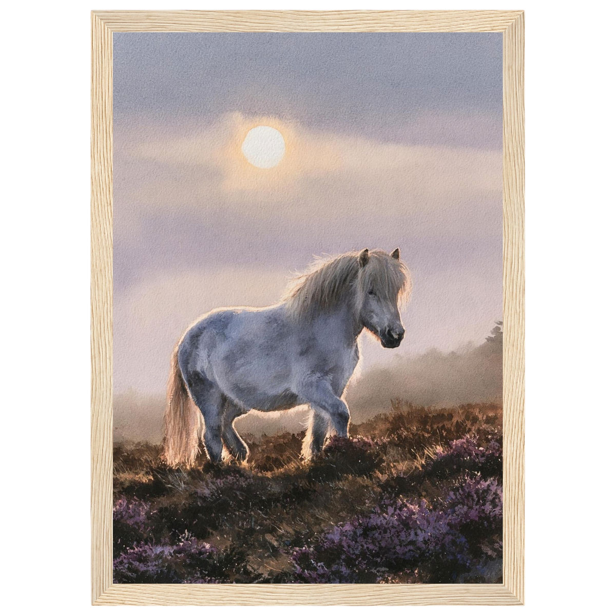 Grey pony on the heather, print in a natural wood frame