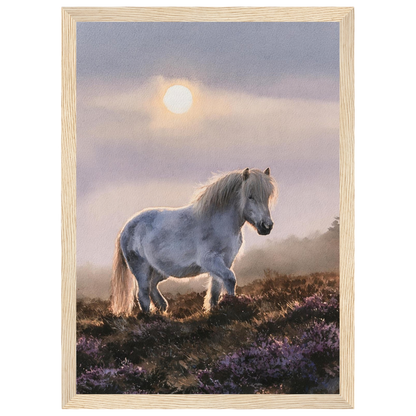 Grey pony on the heather, print in a natural wood frame