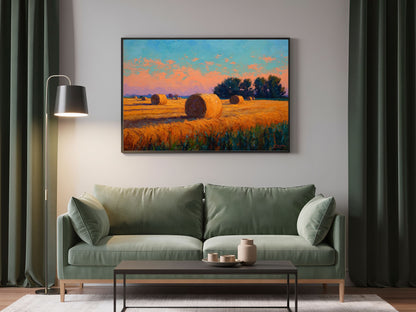 Impressionist harvest field of hay bales at sunset, in a dark frame above a sage green sofa