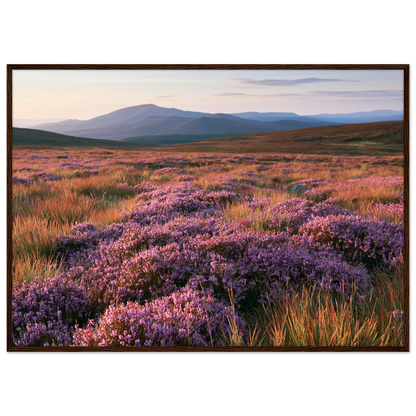 Purple heather moor in bloom below blue hills, print in a dark wood frame