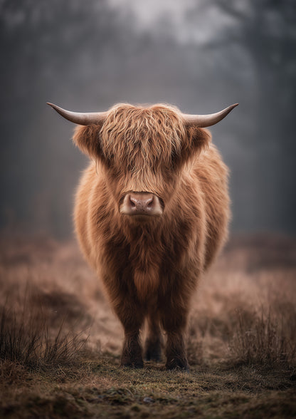 Highland cow standing square to the camera in winter mist, long copper fringe over its eyes and wide pale horns