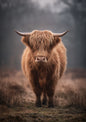 Highland cow standing square to the camera in winter mist, long copper fringe over its eyes and wide pale horns
