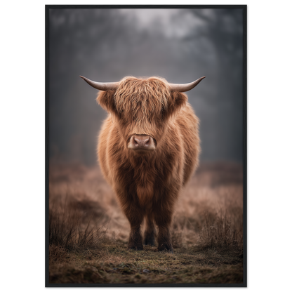 Highland cow in winter mist, print in a black frame
