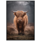Highland cow in winter mist, print in a black frame