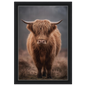Highland cow in winter mist, canvas in a black frame