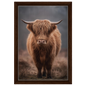 Highland cow in winter mist, canvas in a dark wood frame
