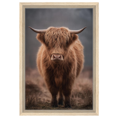 Highland cow in winter mist, canvas in a natural wood frame