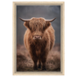 Highland cow in winter mist, canvas in a natural wood frame