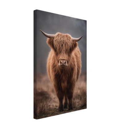 Highland cow in winter mist, canvas seen from an angle with the image continuing around the wrapped edge